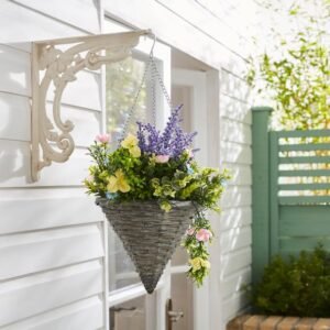 Artificial Pastel Floral Rattan Hanging Basket image 1 of 2